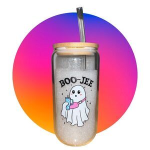 Boo-Jee Ghost Halloween 16 Oz Beer Soda Glass Jar, Bamboo Top & Glass Straw NEW